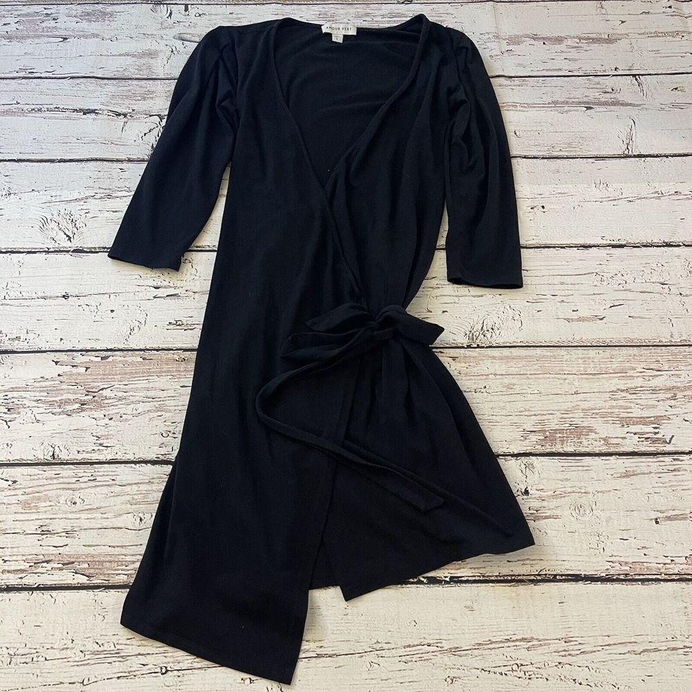 Amour Vert Wrap Dress Womens Small Black V-Neck 3/4 Sleeve Minimalist Organic